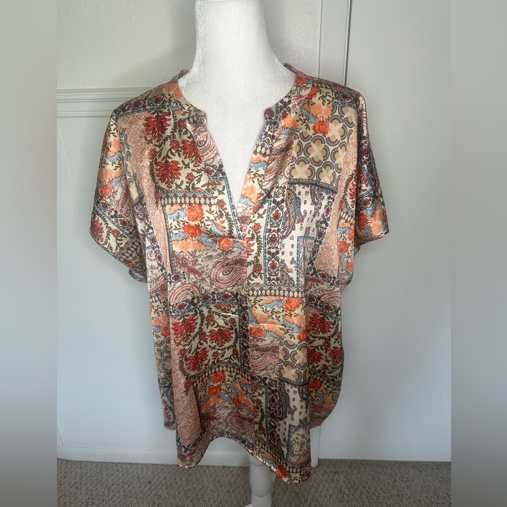 Nicole Miller Patchwork Blouse - Orange and Cream